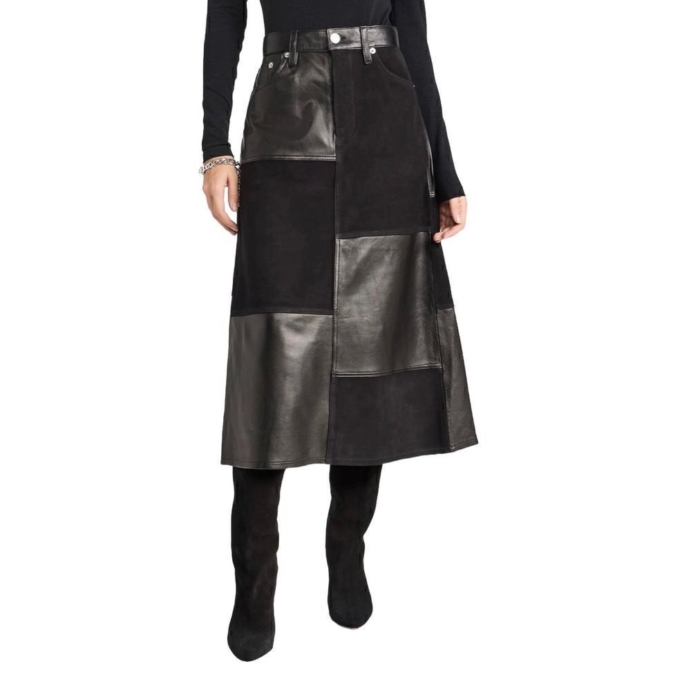 Re/Done Mid Rise Leather Patchwork Skirt Size 26 Black